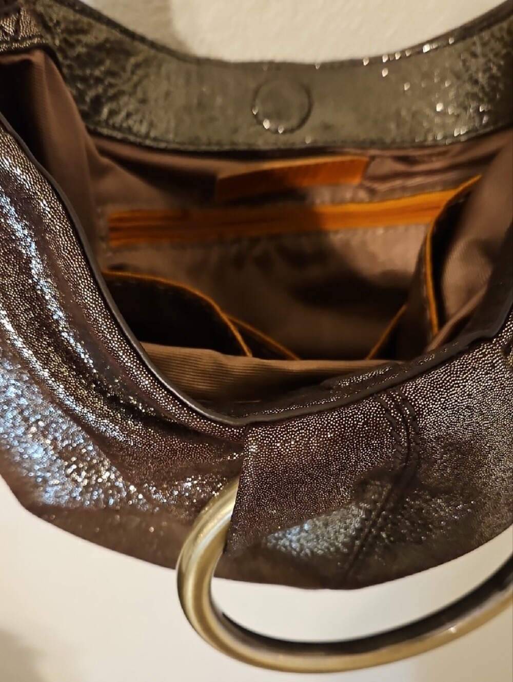 Hobo Metallic Brown Leather Hobo Bag with Brass Accents and Detachable Strap. - Picture 7 of 9